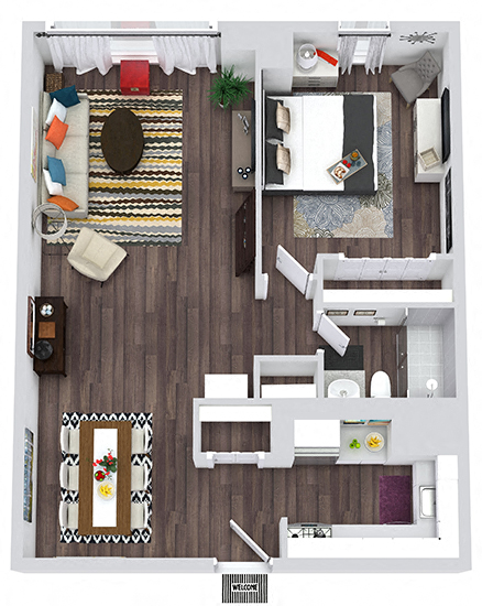 Floor plan for 1 bed, 1 bath, 613 sqft